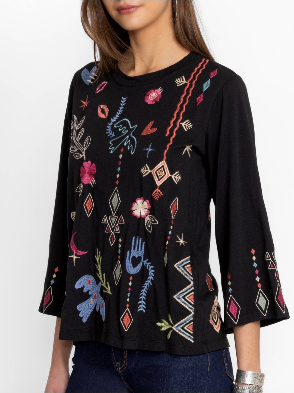 NWT JOHNNY WAS MILLEY KIMONO SLEEVE TEE Embroidered Black Cotton XL